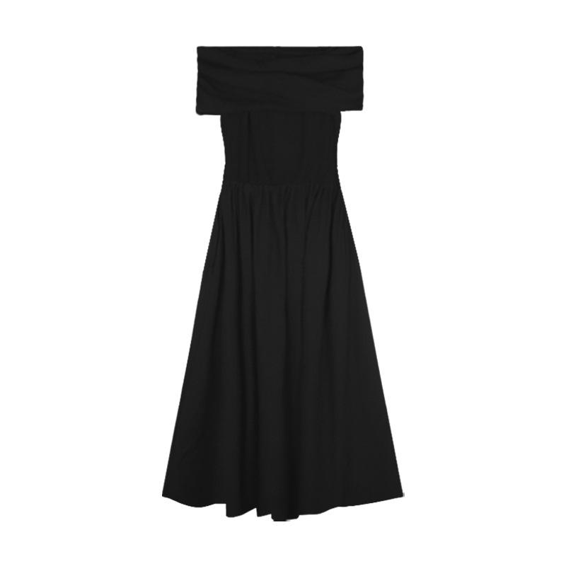 French Light and Sophisticated High-end Hepburn Style Temperament One-word Shoulder Black Dress Women's Summer Waist Gentle Long Skirt