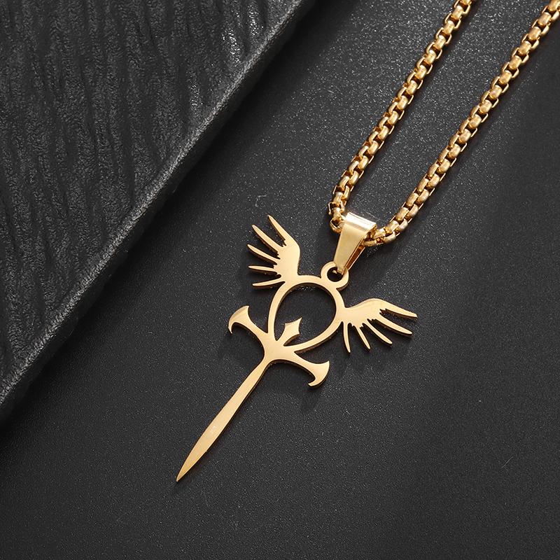 Stainless Steel Glossy Ankh Angel Wings Sword Pendant Necklace for Men Medieval Classic Mythical Amulet Jewelry Gift