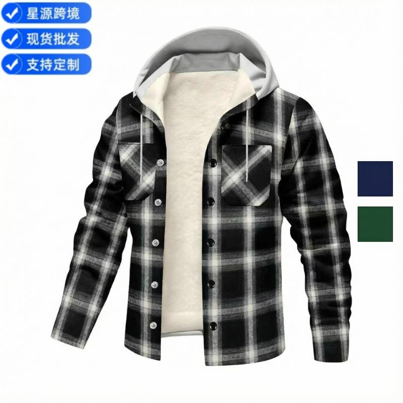 Chaqueta Casual para Hombre con Capucha, Forro de Polar, Cuadros y Cierre de Botones