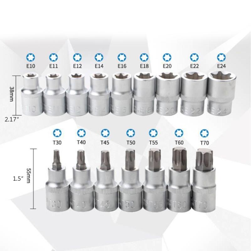 Torx Bit Socket Set with for Case E10-E24 T30-T70 16 Pcs Steel Star Bit Set for Cr-V Steel 1/2-inch Drive Hand Repair To