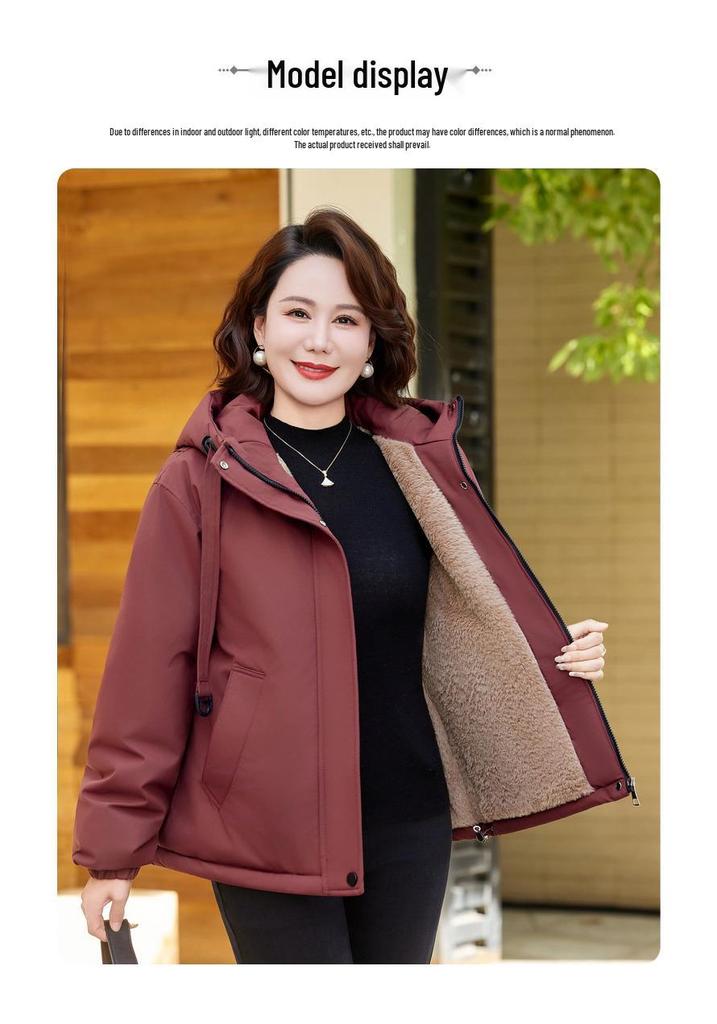 Mom's Thick Fleece-Lined Cotton Hooded Windbreaker for Women Over 50 - Warm Winter Jacket