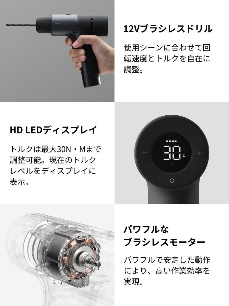 HOTO 12V Brushless Drill Driver Tool Kit with Maximum HD LED 4 Drill Bits for Metal and Magnetic 10 S2 Alloy Steel Nail Hammer with Rubber Long Nose