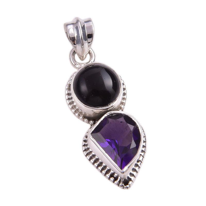 Natural Black Onyx,Amethyst Gemstone 925 Solid Silver Jewelry Pendant 1.50" K7o50