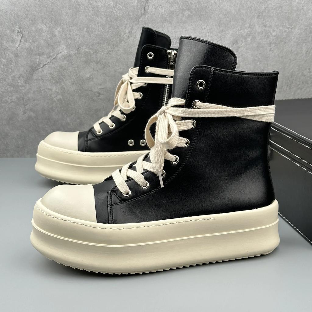 NEW 2025  Men Motorcycle Boots Platform Leather Luxury Trainers High Top Sneakers Lace Up Zip Autumn Black Designer Shoes