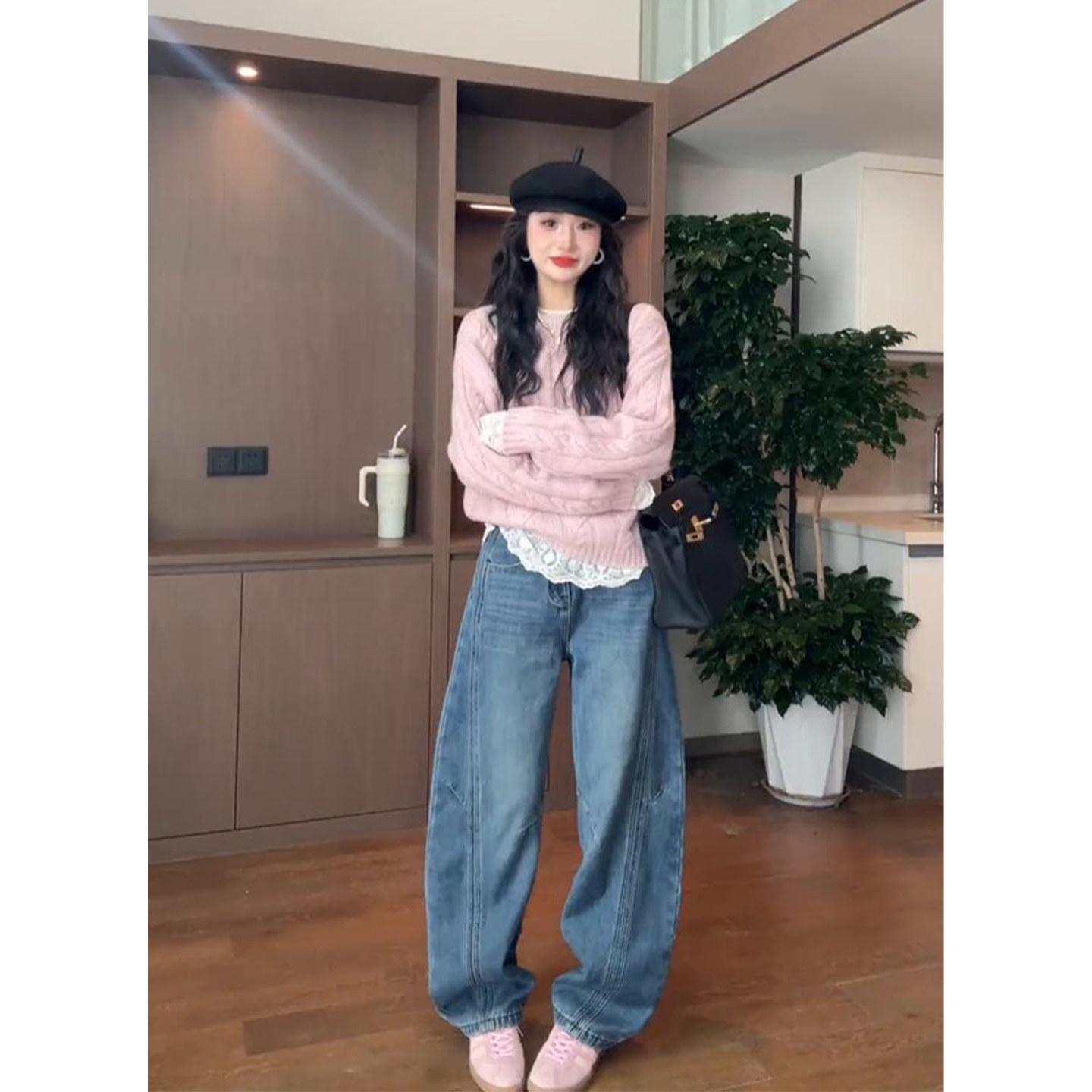 

Winter Lace Patchwork Sweater & Retro Curved Jeans Set S (80-95 lbs)