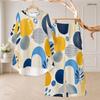 Women Plus Size Blue Yellow Printed Round Neck Long Sleeve High Low Top Long Pants Two Piece Set