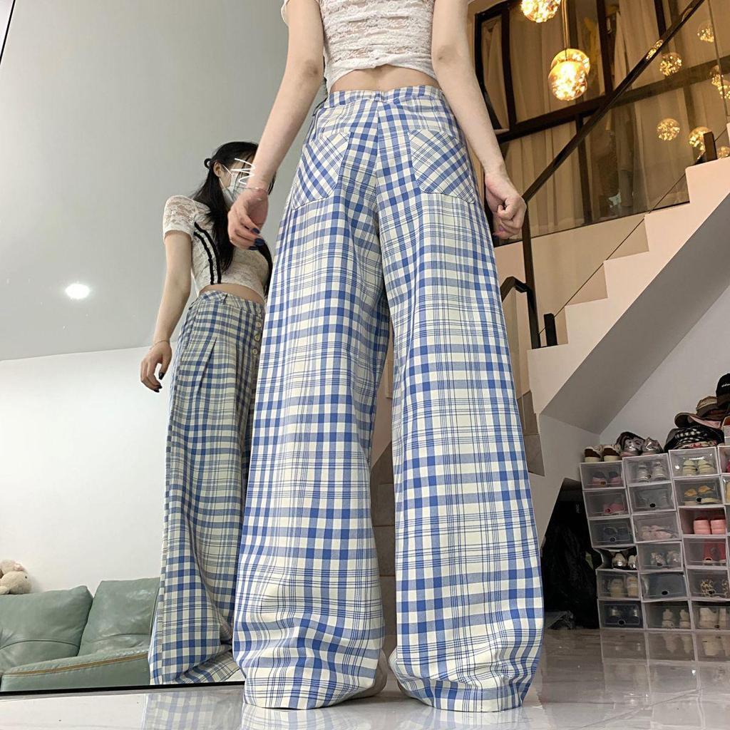Women's High-Waisted Retro Plaid Wide-Leg Cargo Pants - Summer BF Style