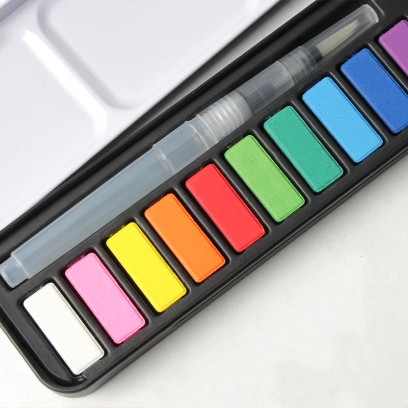 12-Color Solid Watercolor Paint Set with Black Iron Box and Water Brush