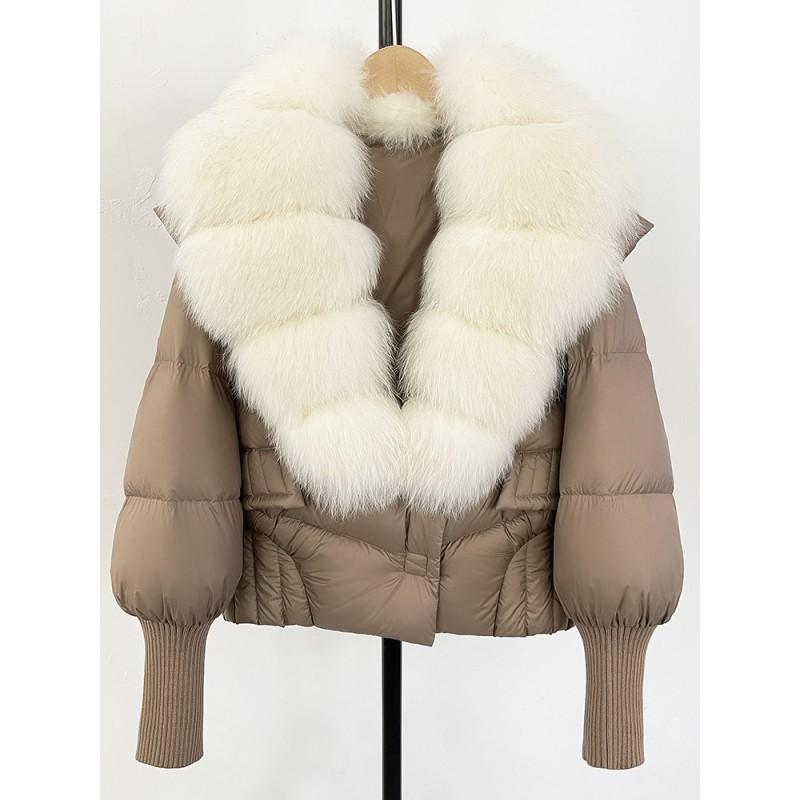 Womens Short Puffer Coat With Real Fox Fur Collar Winter Warm Down Jacket Loose Fit Small Stature