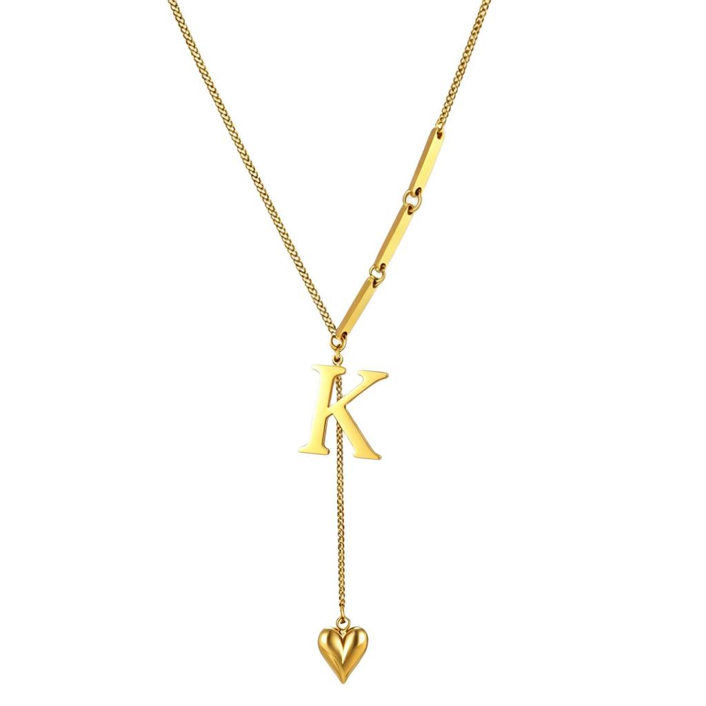 Initial Letter Necklace Gold Plated Stainless Steel Puffy Heart Pendant A-Z Alphabet Lariat Y Choker Waterproof