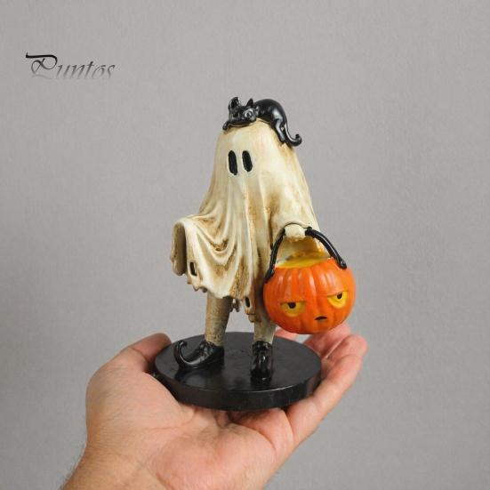 Statua di Fantasma con Zucca Statuetta Vintage di Halloween, Statuetta Spettrale Carina in Resina Collezione Artistica da Scrivania Secchio e Gatto Nero per Interni