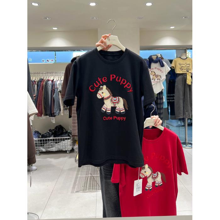2026 New Year's Red Little Horse Oversized Mid-length Women's T-shirt - Early Spring De Rong Design