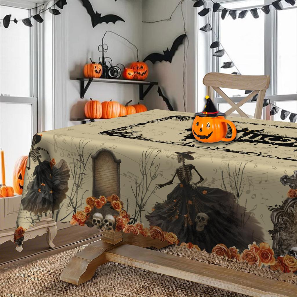 Halloween Themed Tablecloth European Retro Pumpkin Skeleton Witch Decorating Table Cloth Party Atmosphere Setting Table Cloth