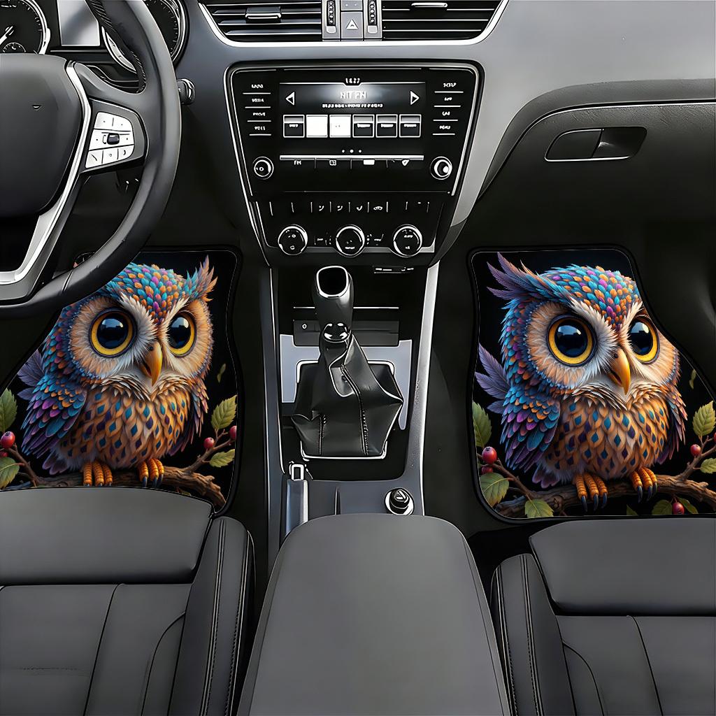 2D Flat Printing, 4pcs Car Floor Mats Retro Forest Cartoon Owl Car Mats Vibrant Dreamy 3D Cute Pet Print Car Foot Mats Universal