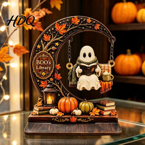 Crescent Moon Ghost Ornament Swinging On Halloween Decoration Spooky Reading Ghost/Skeleton Wooden Bookshelf Unique Table Centerpiece for Home Nook,