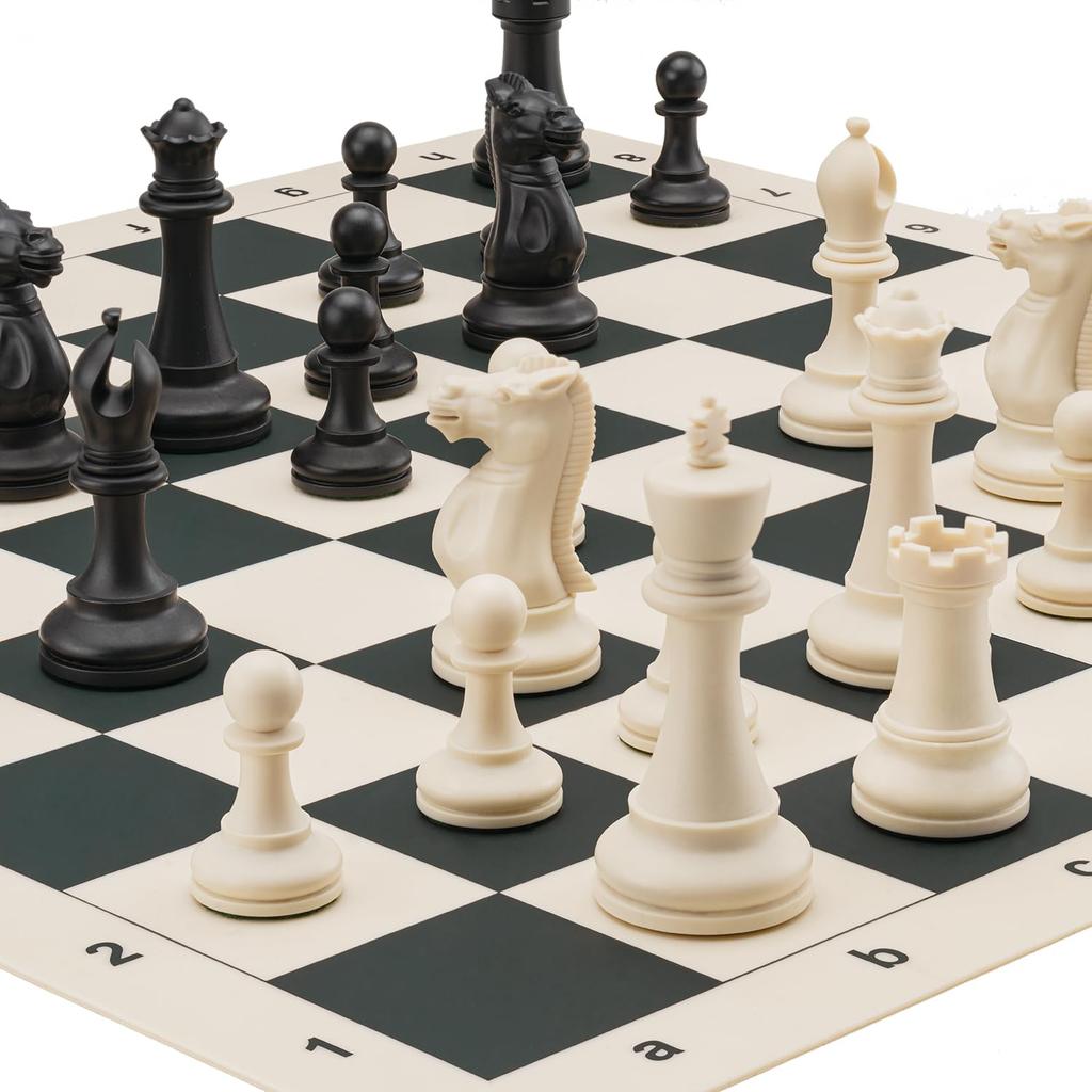 Turnierschach x Faltbares Silikon Königshöhe Kunststoff Vierfach gewichtet Klassisches Staunton Schach Aufbewahrung und Japanische Bedienungsanleitung A&A Set, 20"