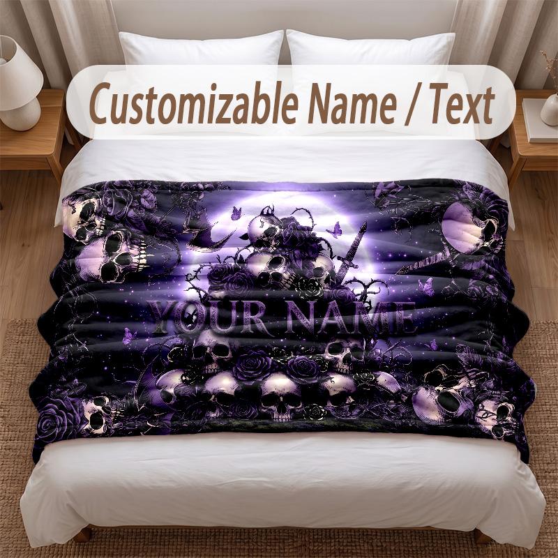 Skull Gothic Theme Soft Blanket Personalized Custom Name Text Print Warm Blanket Home Sofa Bedroom Decor