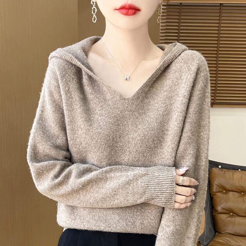 Women's Thick Versatile Wool-Cashmere Knit Hooded Pullover for Autumn/Winter