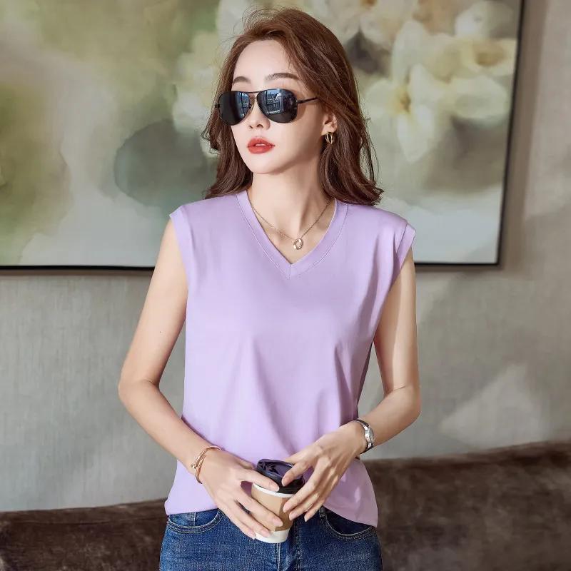 

Женская летняя футболка без рукавов с V-образным вырезом, простая, однотонная, удобная, темпераментная XXS фиолетовый