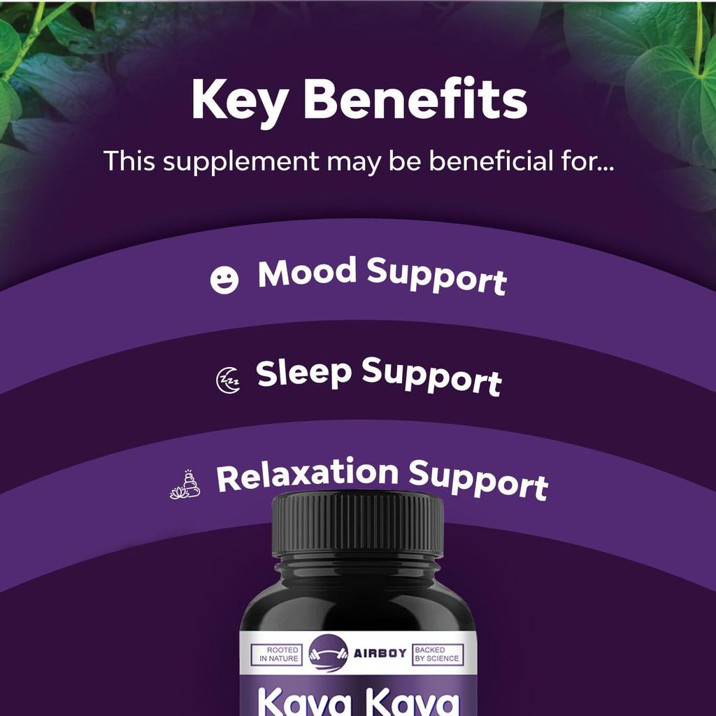 Kava root extract capsules, 1000mg high concentration of kava plant extract per serving, suitable for adults.