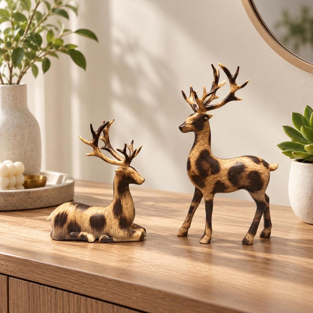 2 Pieces Deer Figurine Set with Antlers Compact Mantel Ornament Sturdy