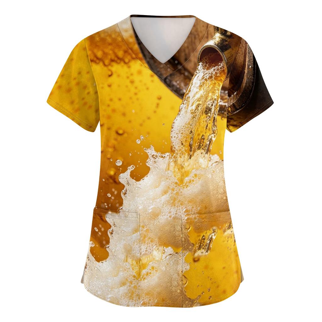 Women's V Neck Short Sleeve Work Shirt with Pockets Oktoberfest Beer Print Medical Scrub Top for Healthcare Professionals