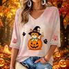 Women's V-Neck Three-Quarter Sleeve Casual Halloween Print Top for Fall Parties