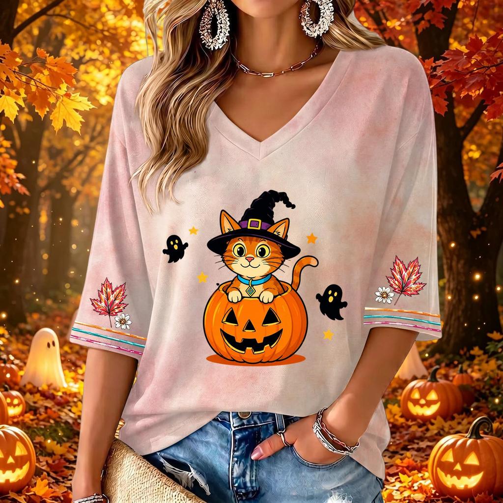Women's V-Neck Three-Quarter Sleeve Casual Halloween Print Top for Fall Parties