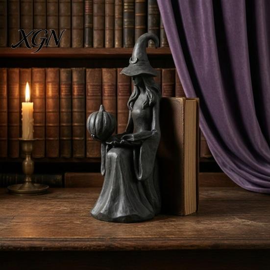 Tabletop Witch Decoration Halloween Statue, Gothic Figurine with Pumpkin And Book, Matte Black Fall Holiday Decorations Sculpture, Mantel Shelf