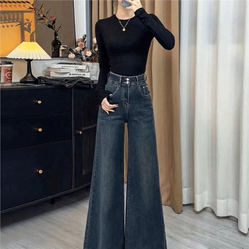 Jeans a Zampa Larga Vita Alta Retro da Donna Petite, Vestibilità Larga, Snellente, Lunghezza Pavimento, Stile Inverno 2025