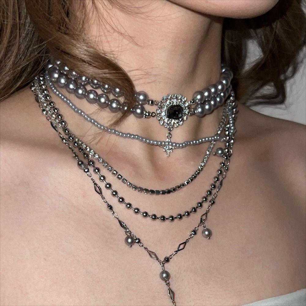 Stars Pendant Grey Pearl Long Tassel Necklace Multilayer Stacked Cross Clavicle Chain  Daily Wear