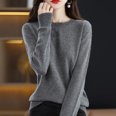 סוודר נשים צבע אחיד עגול צוואר ארוך שרוול Slim Fit Top מזדמן