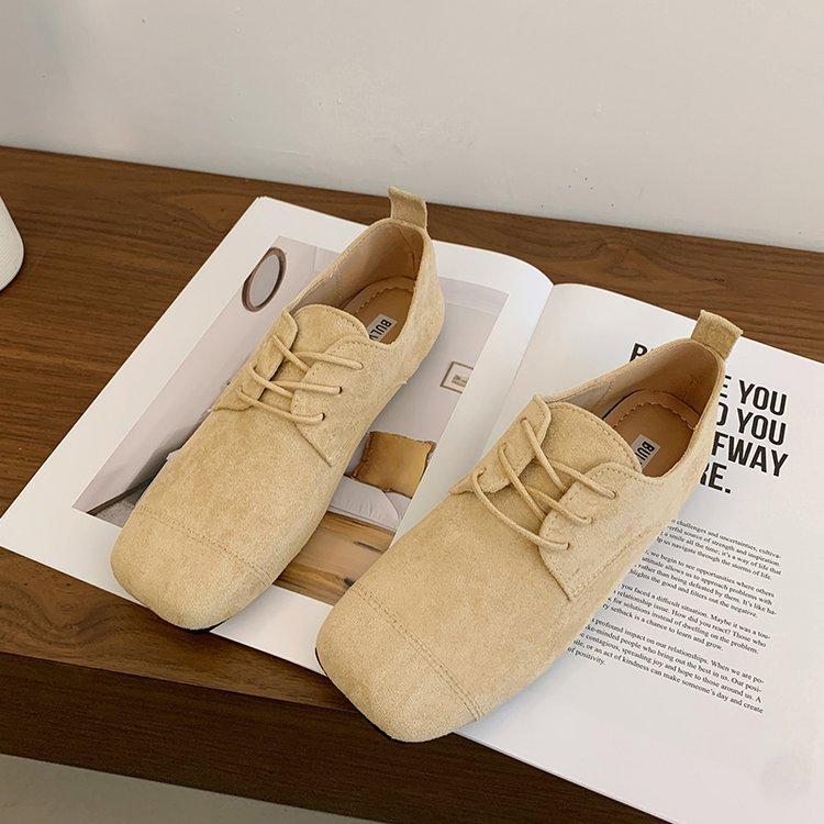 Women's Retro Leather Shoes Black Flat Bottomed Lace Up Loafers 2026 Spring Soft Soled Square Toe Casual Driving Shoes Zapatos