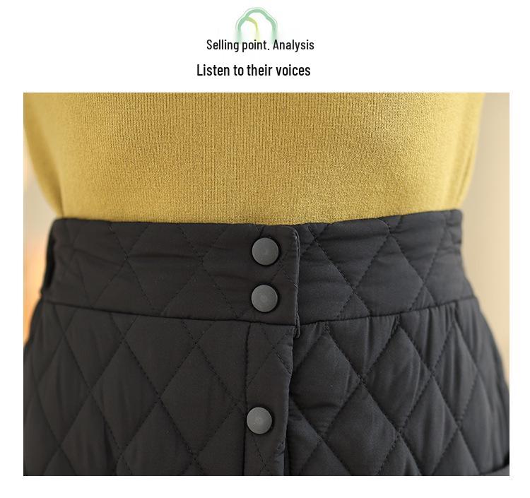 Fustă A-line pentru femei cu talie înaltă, extra lungă, rezistentă la vânt, din bumbac cu puf - Îngroșată, cu nasturi, stil de iarnă plus size