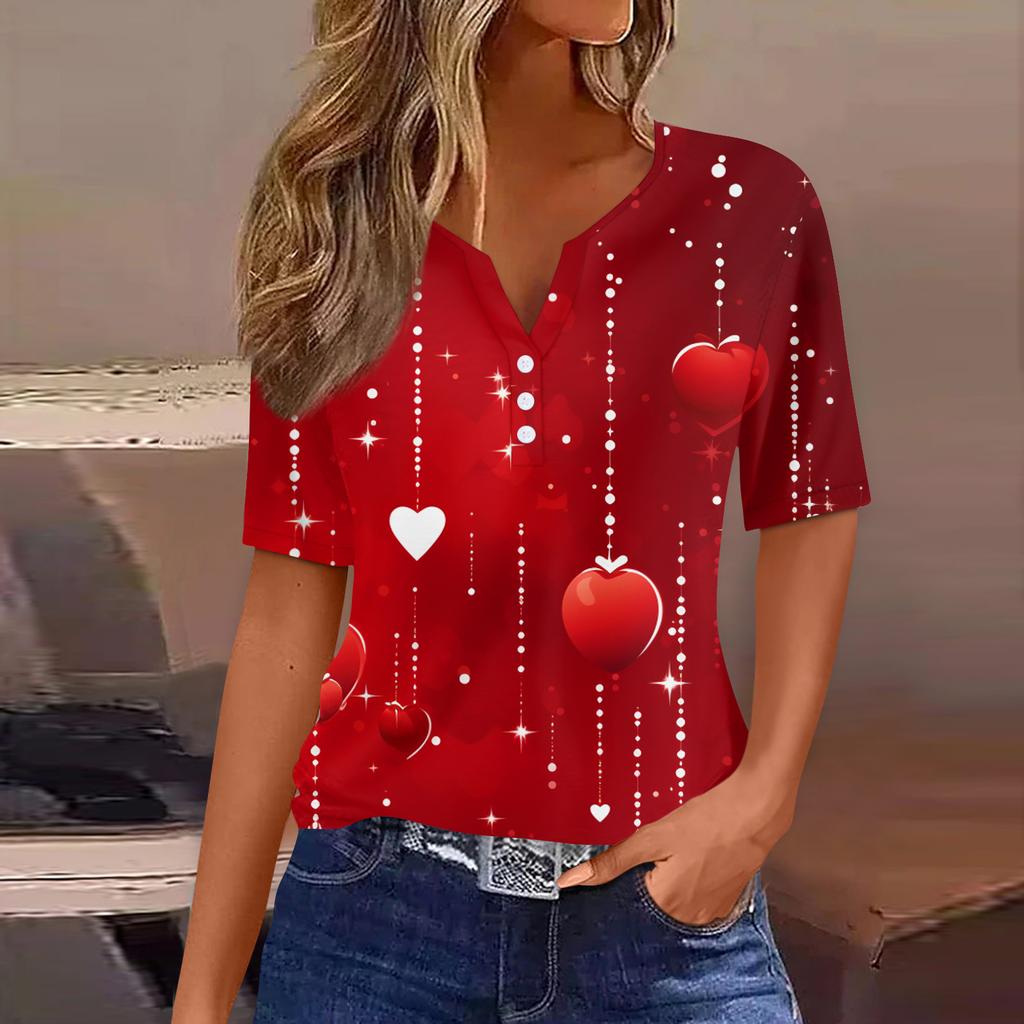Women's T Shirt Tee Print Button Short Sleeve Daily Weekend Fashion Basic V, Neck Regular Top Valentine's Day