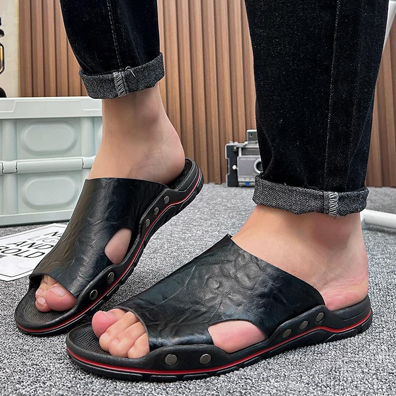 2025 summer new leather one-word cool slippers men wear breathable and odorless trend versatile sandals men's large size