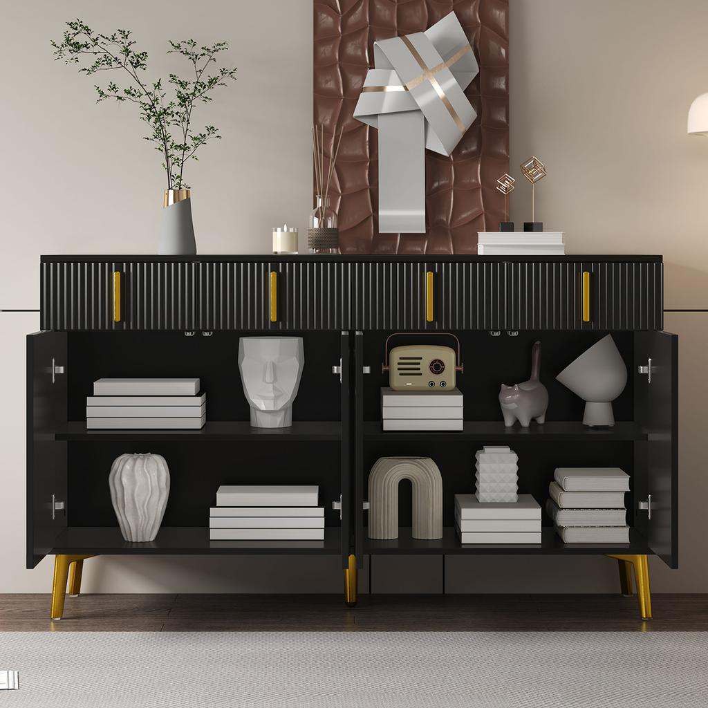 Sideboard mit goldenen Griffen und Beinen, 4 Türen, 4 Schubladen, mit abnehmbarer Laminatplatte, geeignet für Wohn- und Esszimmer, 140*38*82 cm.