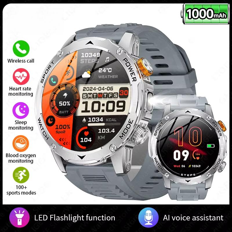 

2025 Новые Смарт-часы Мужские 1000 мАч Длительное Время Ожидания Уличные Смарт-часы Мужские Светодиодный Фонарик Водонепроницаемые Пульс Спорт BT Звонок Смарт-часы Silicone