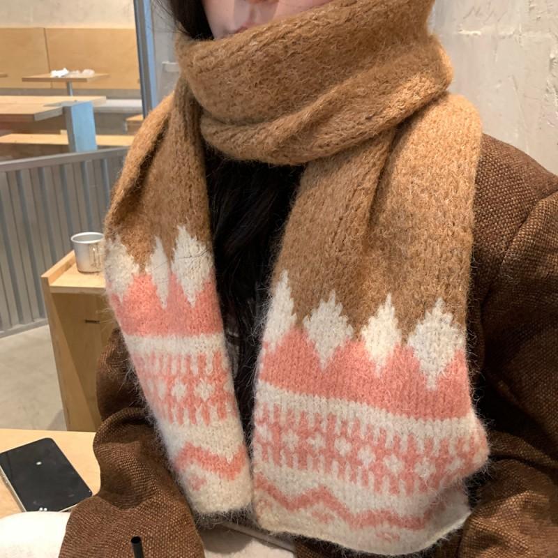 Womens Winter Fair Isle Knit Scarf Wool Blend Warm Long Neck Wrap In Retro Style