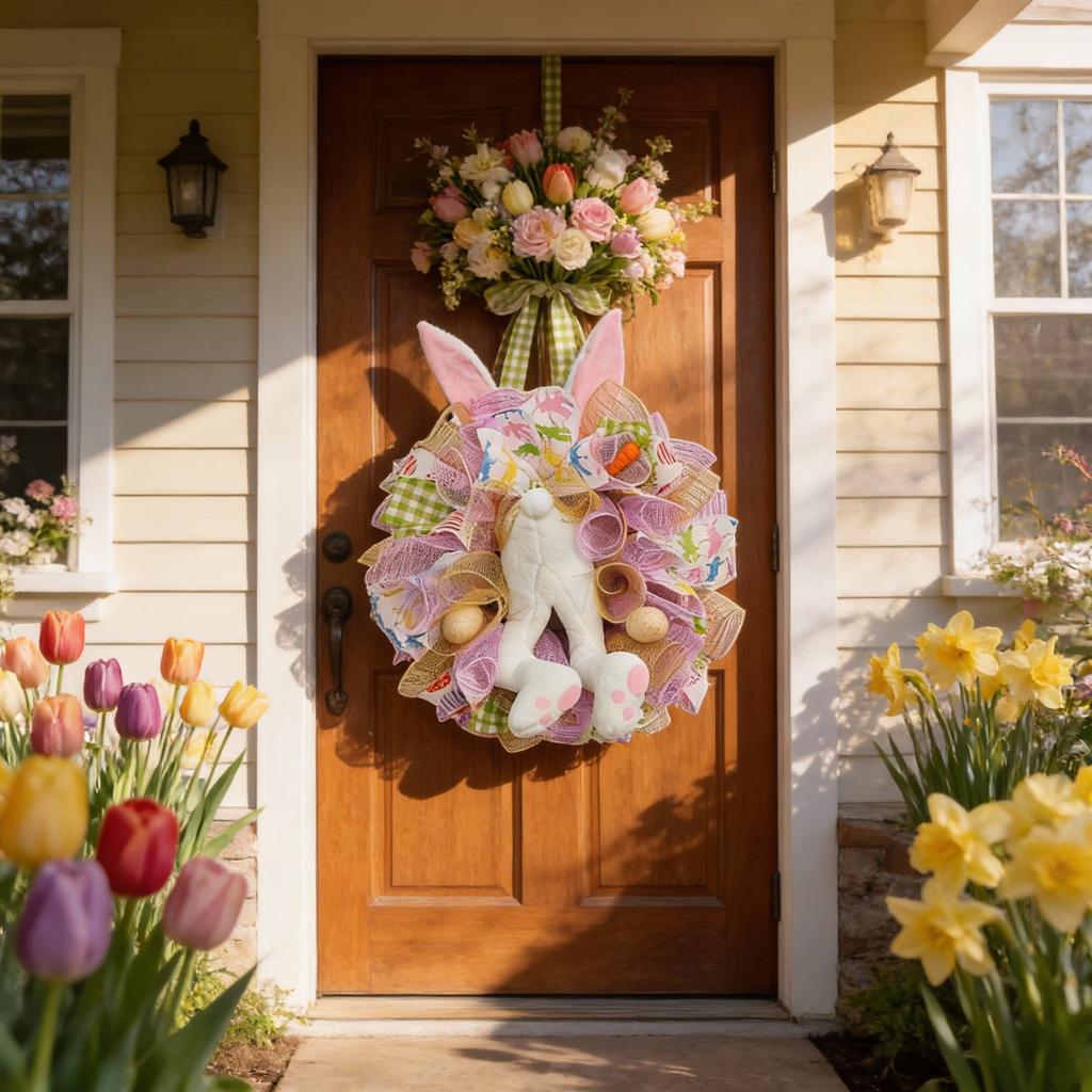 Colorful Easter Bunny Door Wreath with Handmade Ribbon and Creative Rabbit Design for Festive Holiday Decoration