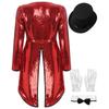 Womens Magician Costume Set Long Sleeve One Button Patchwork Sequin Tailcoat Hat Bow Collar Gloves Halloween Cosplay