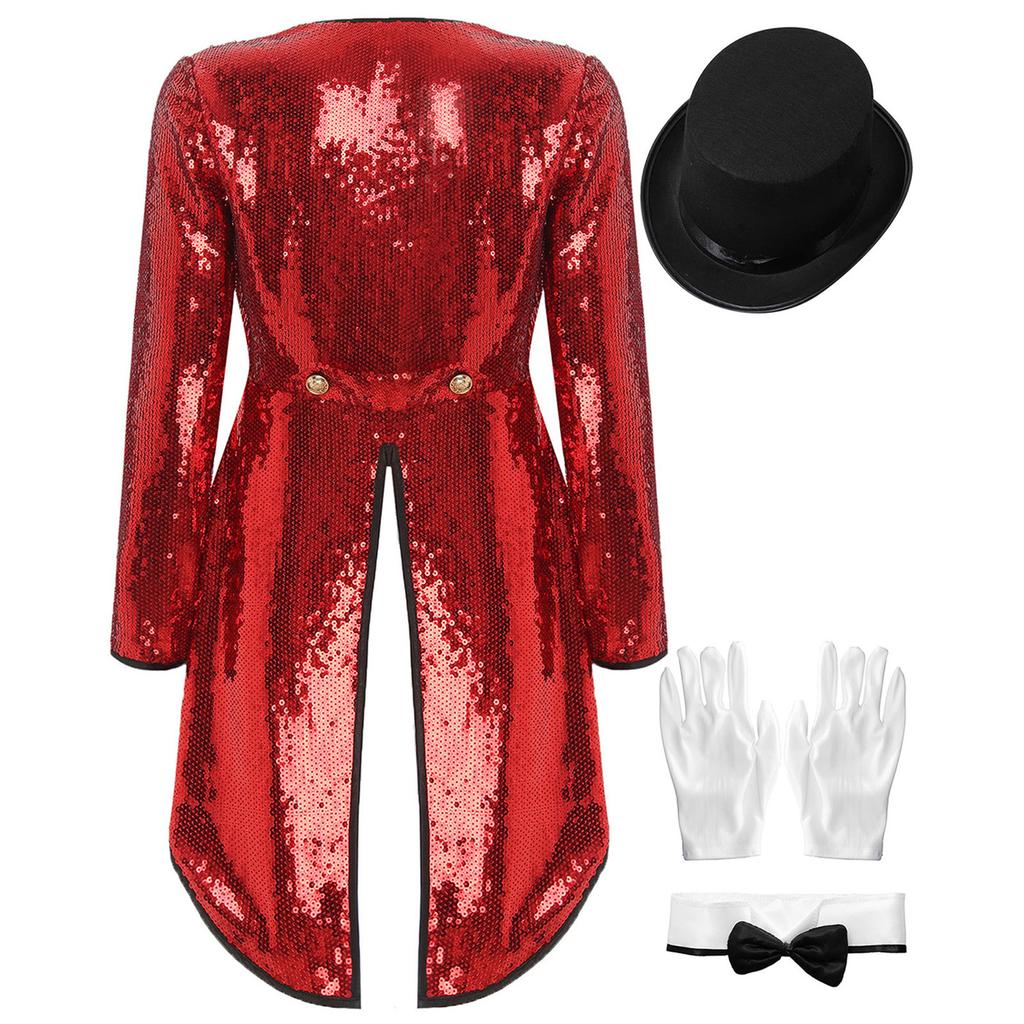 Womens Magician Costume Set Long Sleeve One Button Patchwork Sequin Tailcoat Hat Bow Collar Gloves Halloween Cosplay