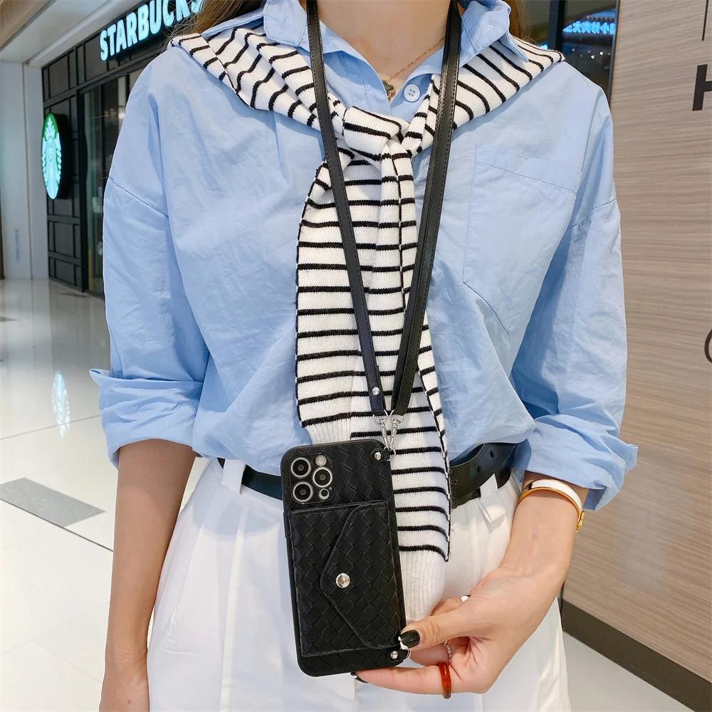 

Crossbody Phone Case for Samsung S25 Ultra S24 Plus S23 FE S22 Card Holder Shoulder Long Lanyard Weave Leather Bag Purse Cover Galaxy S21