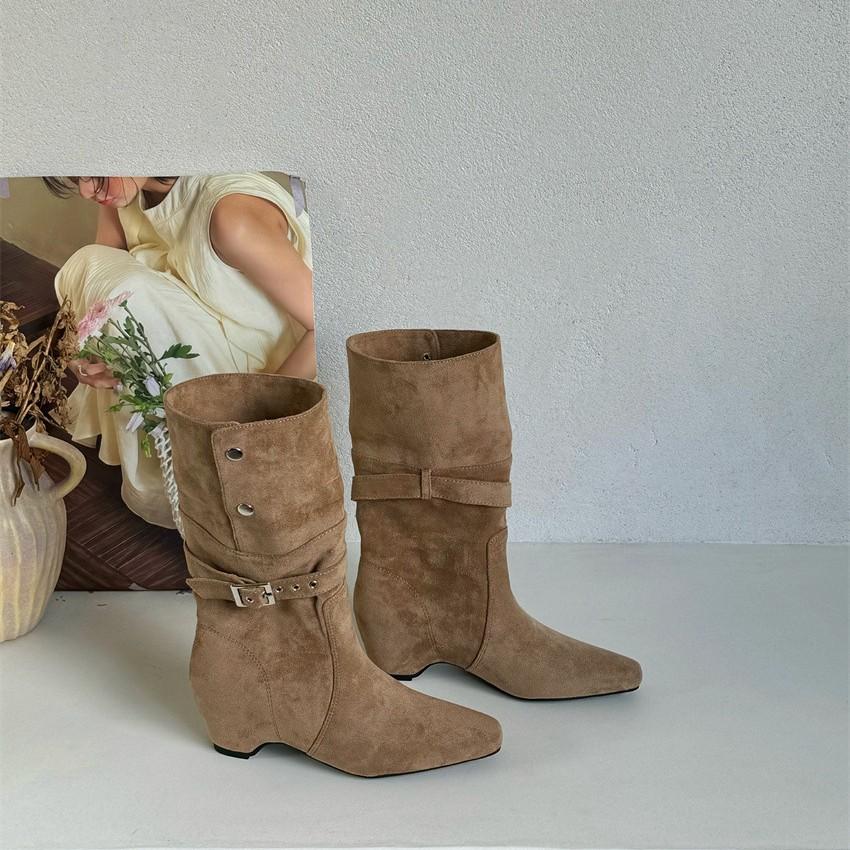 ALIGUIFEI two-wear folded short boots inner heightening suede western boots women's autumn and winter belt buckle medium boots