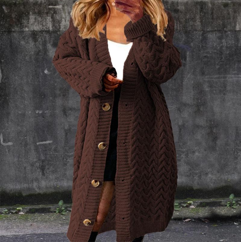 New Autumn and Winter Style Long Twisted Sweater Women's Solid Color Button-down Large Cardigan Coat