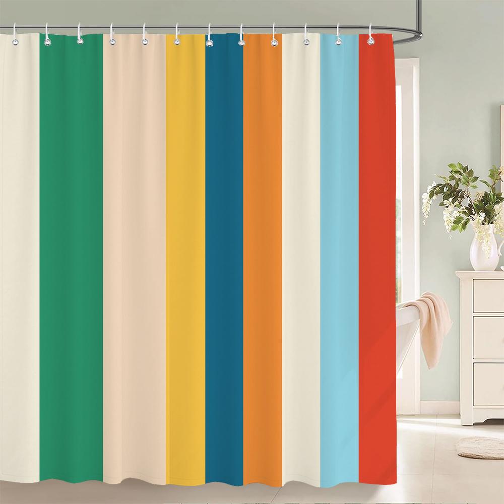 1 Pcs Shower Curtain Color Stripe Printed Bathroom Curtain Polyester Cloth Waterproof Home Decoration Curtain With Hooks