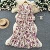 Französisches Retro V-Ausschnitt Langarm Blumen Chiffon Kleid Damen Herbst Taille Temperament Lotusblatt-Rand Langer Rock