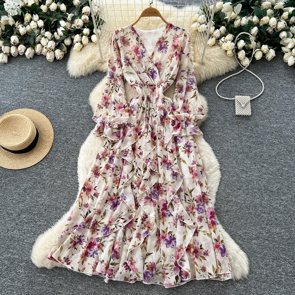 Französisches Retro V-Ausschnitt Langarm Blumen Chiffon Kleid Damen Herbst Taille Temperament Lotusblatt-Rand Langer Rock