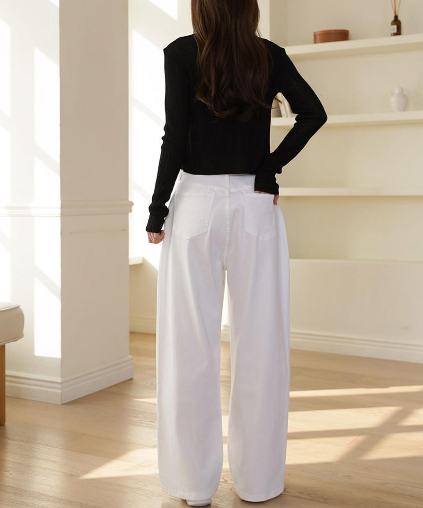 Jikeulib White Curved Cut-Line Wide Cotton Pants