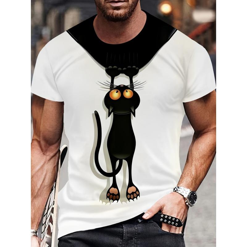 Men's Fashion 3D Black Cat Cartoon Print T-Shirt, Casual Round Neck